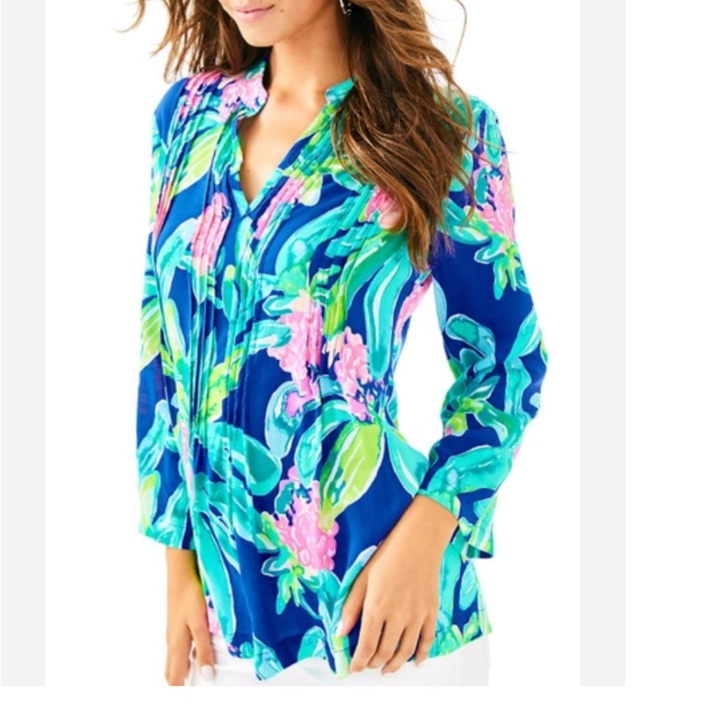 LILLY PULITZER SARASOTA TUNIC IN IKAT BLUE ISLAND EXOTIC SIZE S